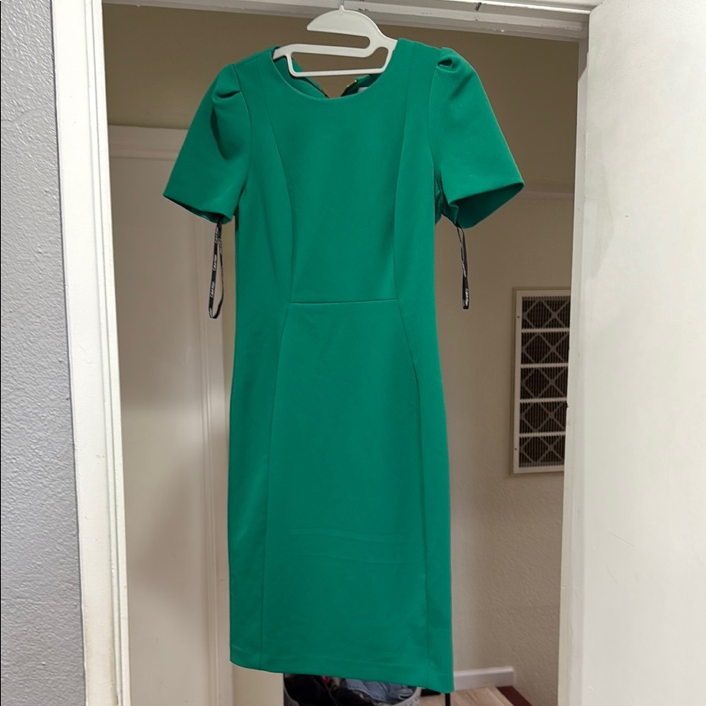 Calvin Klein Green Puff Sleeve Sheath Midi Dress